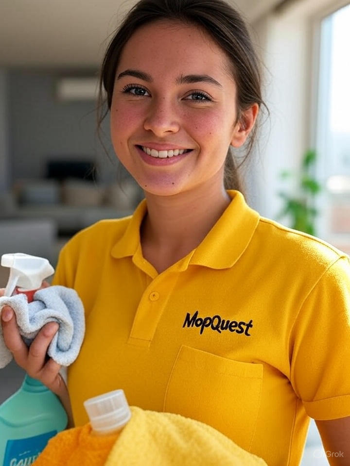 MopQuest professional cleaner smiling in a home interior